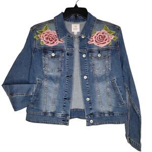 LuLaRoe Floral Rose Embroidered HARVEY Denim Jacket Large NEW